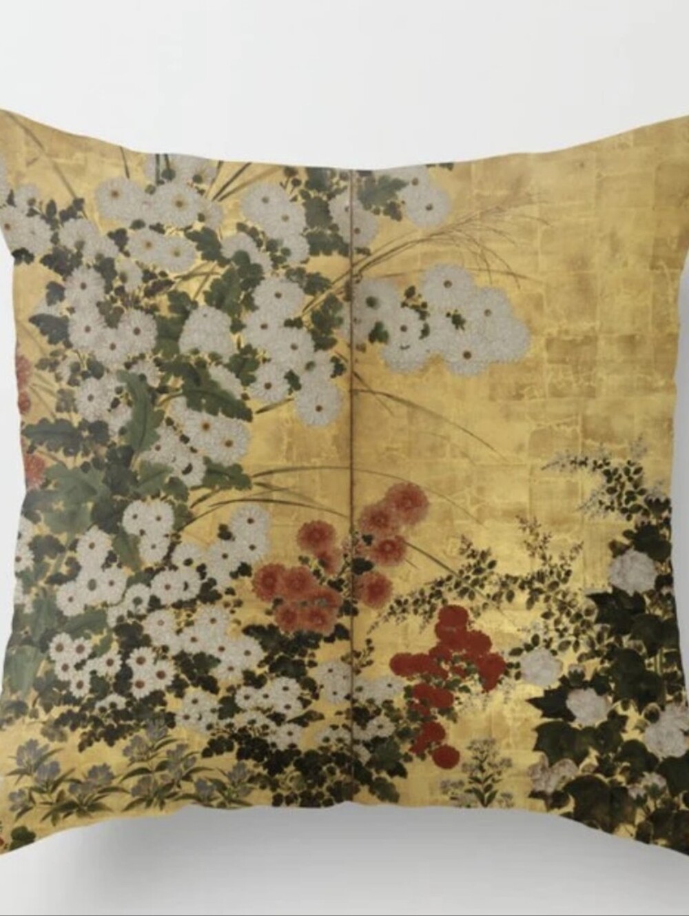 SOCIETY6 White Red Chrysanthemum Floral Japanese Gold Screen Throw Pillow 16x16